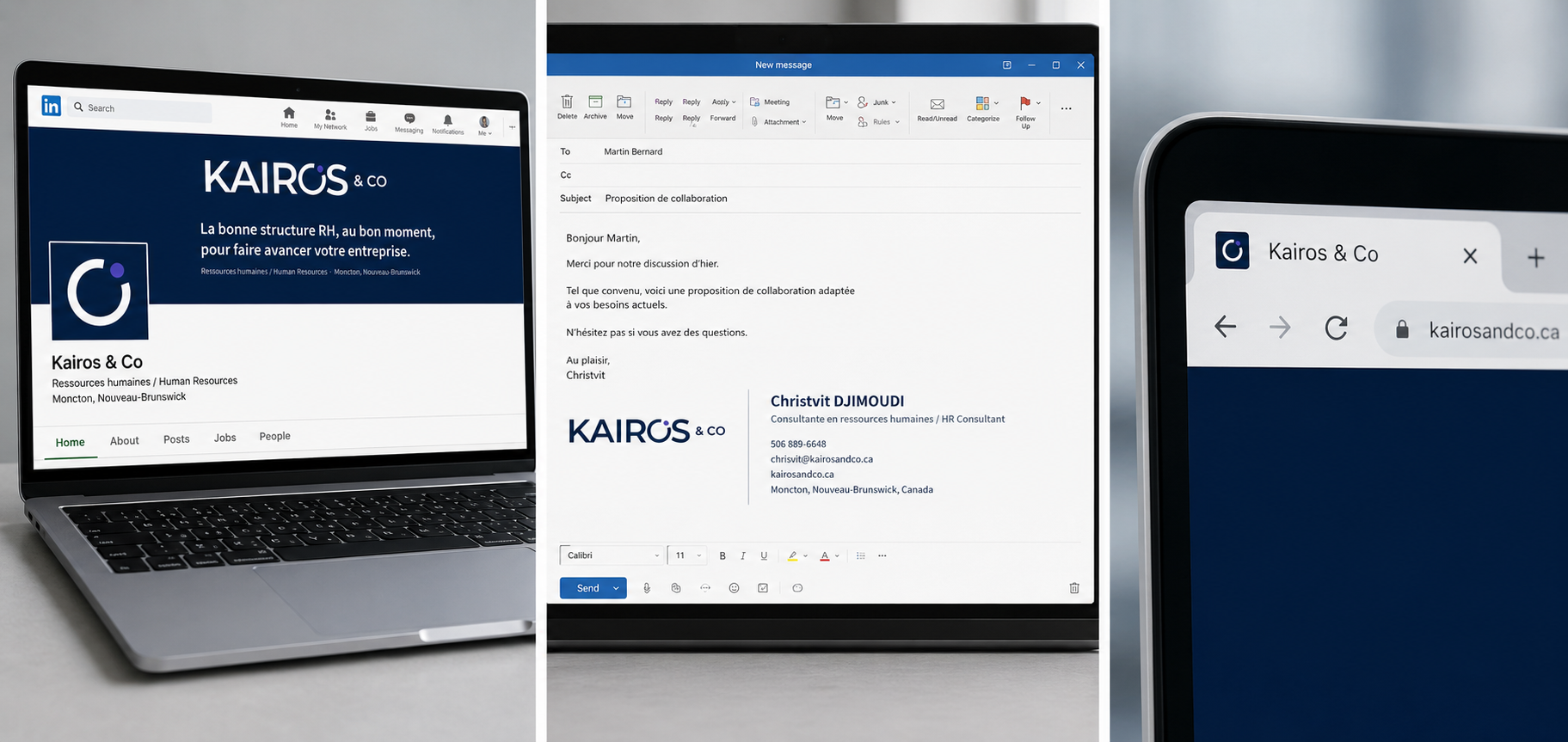 Site web, LinkedIn et signature courriel Kairos & Co